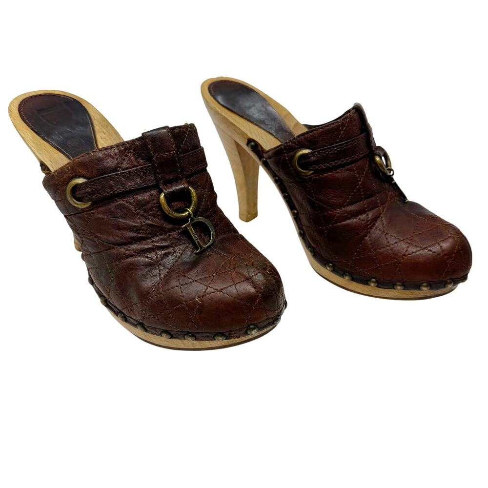 Vintage Christian Dior Cannage Leather Clogs Mules Wood Heels Brown 37.5 Box